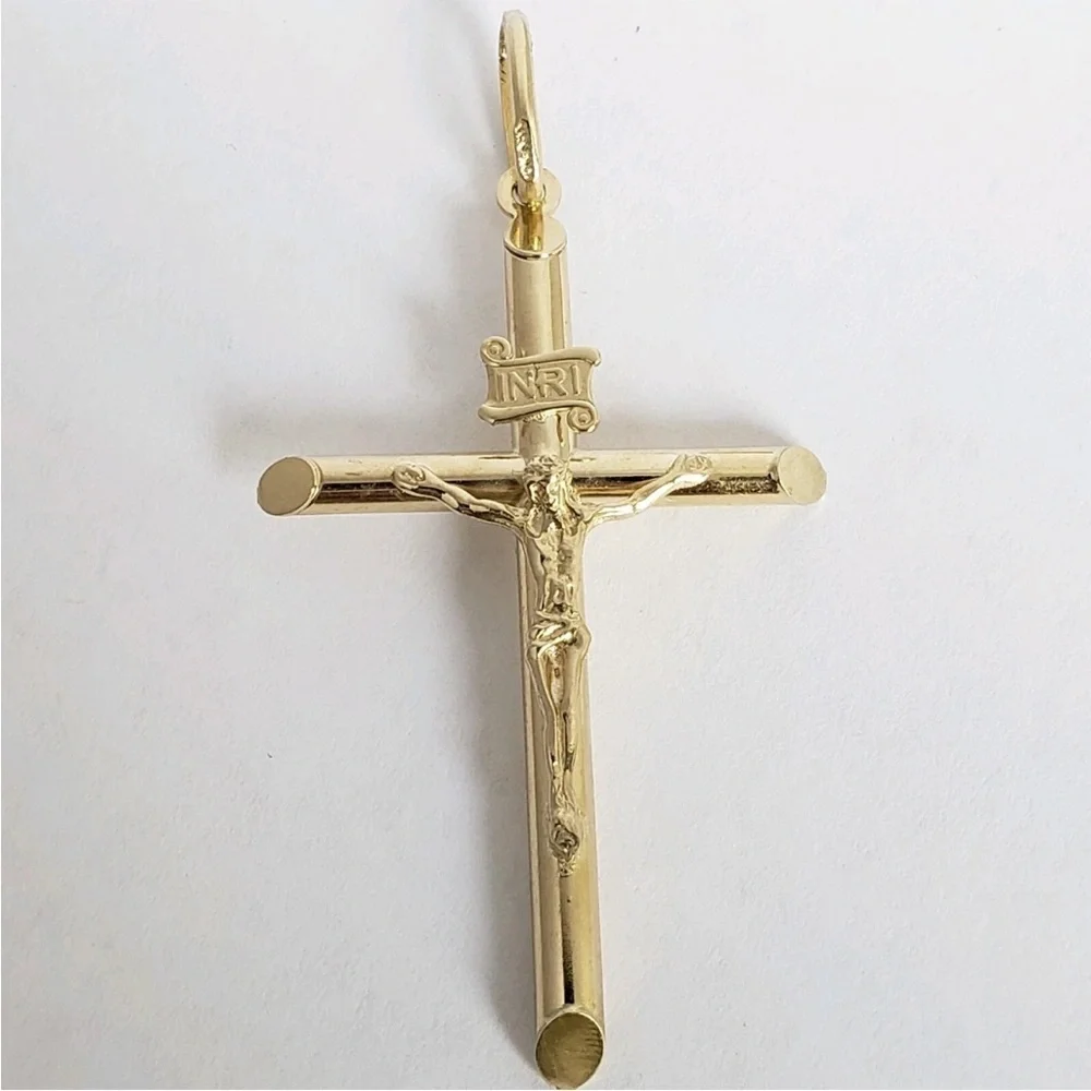 Real 10k Yellow Gold INRI Jesus Crucifix tube Cross Pendant 2.15 inches long